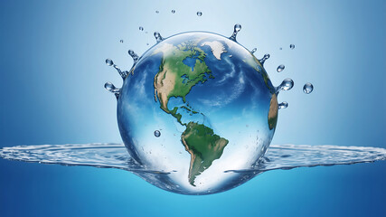 World environment day, the earth is in a water droplet on a blue background with water droplets, emphasizing the planet's continents and oceans