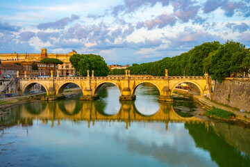 A view of the Bridge of Angels, Italian: Ponte Sant Angelo, crossing the Tiber River in Rome,...