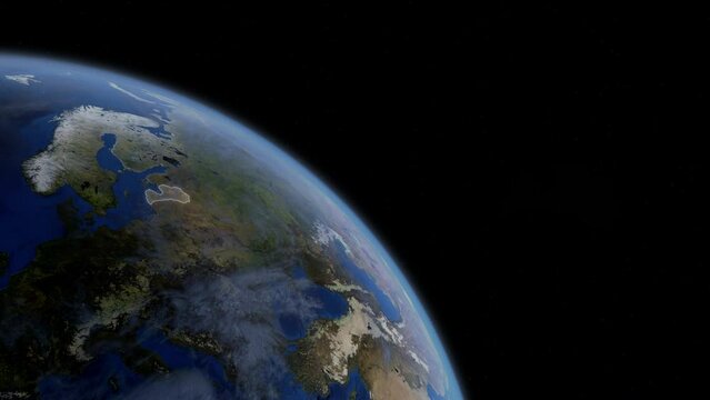 Fly Zoom into Latvia, Riga, through space to see the country map region from above from space. Detailed map Showing area, HD and 4K. Animation.