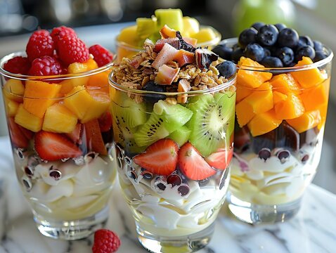 Delicious fruit parfait with yogurt, granola and fresh fruit.