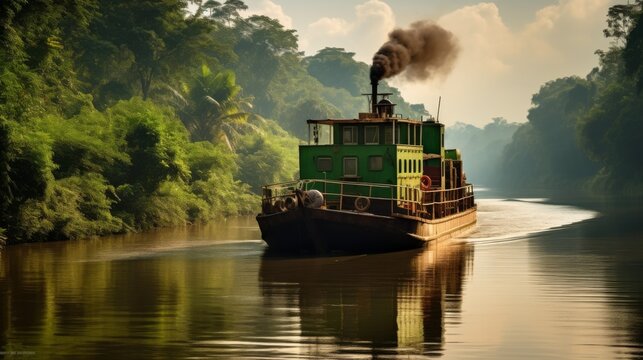 Old-Fashioned Riverboat Navigating Through A Lush Tropical Rainforest. Generative AI