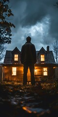 Silhouette of a Person Standing in Front of an Old House at Night