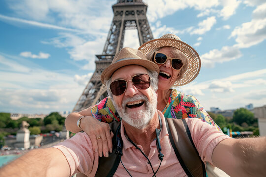 Pareja caucásica seniors felices, con ropa de verano y con gafas de sol y sombreros de paja, haciéndose un selfie en la ciudad de Paris con la Torre Eiffel al fondo. Concepto viajes y vacaciones