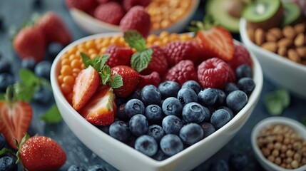 Heart-shaped bowl filled with fresh blueberries, raspberries, and strawberries.