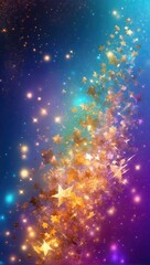 Fototapeta premium Glittering gradient background with hologram effect and magic lights. Holographic abstract fantasy backdrop with fairy sparkles, gold stars and festive blurs. .