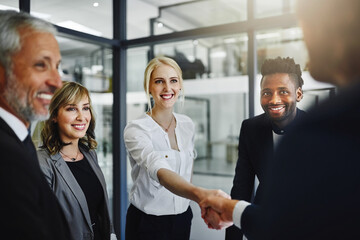 Handshake, meeting and thank you with business people in boardroom of office for agreement or deal....