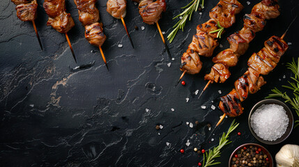 Juicy Kebabs - grilled meat skewers, on dark background with spices, herbs and sauce. Top view, copy space. shashlik, charcoal-grilled kebab, grilled skewer, cut steak skewers. Restaurant menu