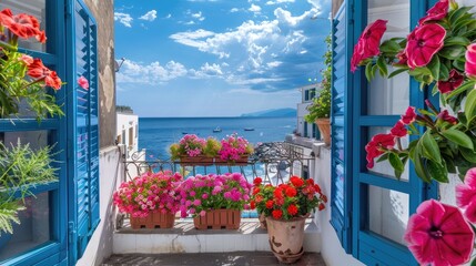 colorful flowers positioned in front of an open window adorned with blue shutters, offering a scenic view of the sea, a charming house, and a clear sky on a picturesque island.