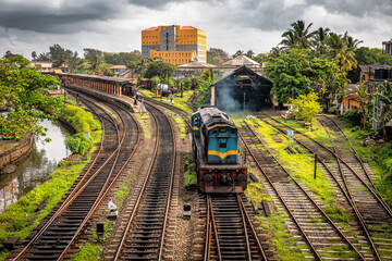 Galle. Sri Lanka. Railway station and diesel locomotive on the rails