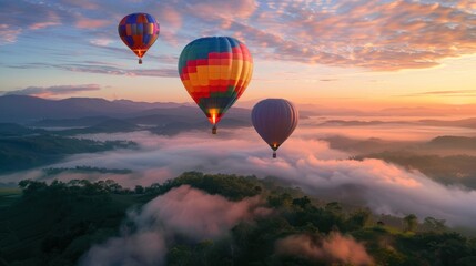 Naklejka premium Image of colorful hot air balloons flying over the mountains. beautiful sky background