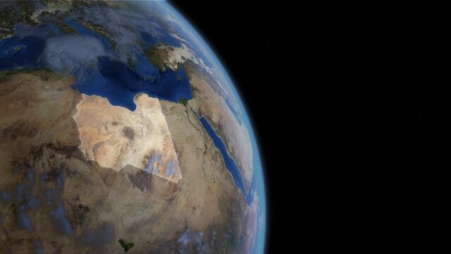 Fly Zoom into Libya, Tripoli, Benghazi, through space to see the country map region from above from space. Detailed map Showing area, HD and 4K. Animation.
