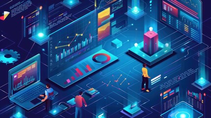 Group of business people, digital work, meetings, business planning financial transactions Three-dimensional vector working group