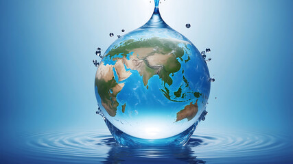 World environment day, the earth is in a water droplet on a blue background with water droplets, emphasizing the planet's continents and oceans