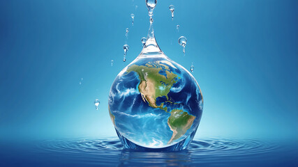 World environment day, the earth is in a water droplet on a blue background with water droplets, emphasizing the planet's continents and oceans