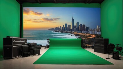 A green screen with a green backdrop for a photo shoot background.