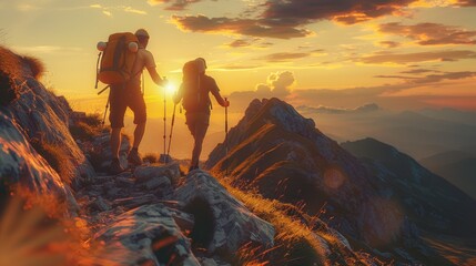 Hiker helping friend reach the mountain with sunset background, walking together. Generative AI.