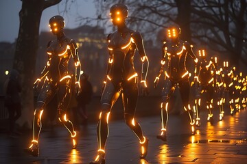 Futuristic robots with glowing lights walk in a city at night.