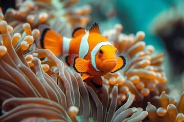 fish in anemone, Dive into the enchanting world beneath the waves and witness the playful dance of clownfish swimming amidst swaying anemones