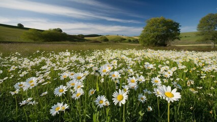  a beautiful meadow filled with blooming daisies under a clear, sunny sky, with rolling hills and trees in the distance.