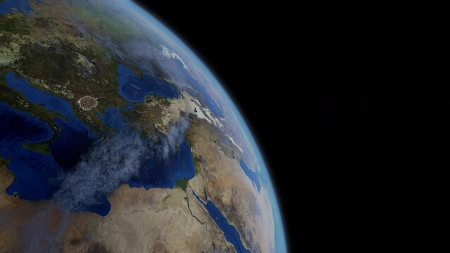 Fly Zoom into Macedonia, Skopje, Bitola, through space to see the country map region from above from space. Detailed map Showing area, HD and 4K. Animation.