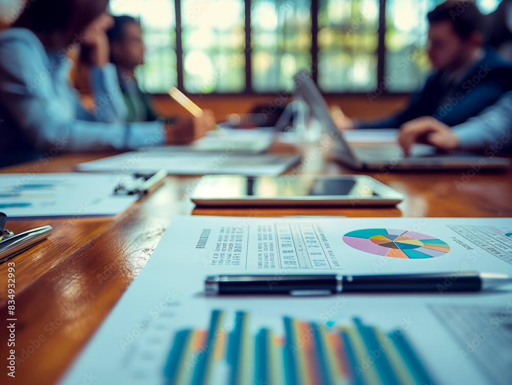 Poster Blurred business meeting with focus on documents, pie chart, showing a concept of analytics. Generative AI