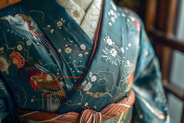 A kimono with a pattern of cranes and flowers