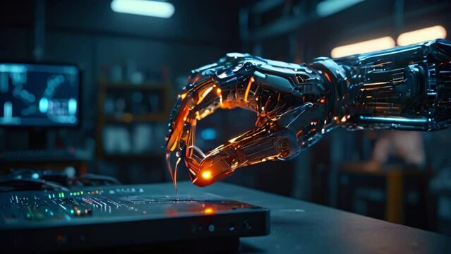 The video depicts a close up of a robotic hand holding a glowing orange object.