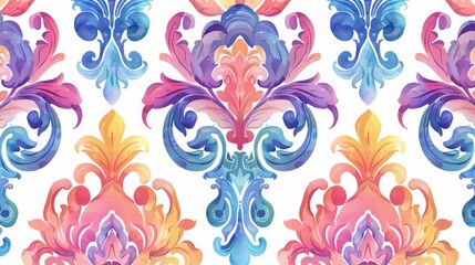 Vibrant watercolor floral pattern with ornate, colorful details. Ideal for background, wallpaper, textile, and decor projects.