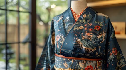 A kimono with a pattern of a crane and flowers