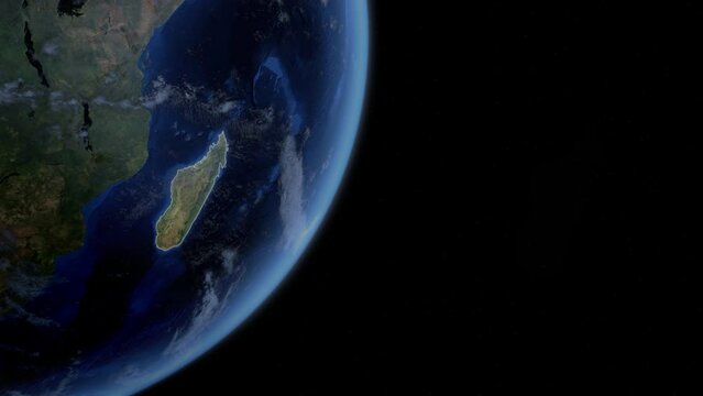 Fly Zoom into Madagascar, Antananarivo, Toamasina, through space to see the country map region from above from space. Detailed map Showing area, HD and 4K. Animation.