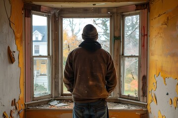 Man Looking Out Window of Abandoned House