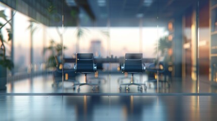 Obraz premium Blurred office interior with glass walls and chairs in front of the window, blurred background of a modern business meeting room, copy space for text