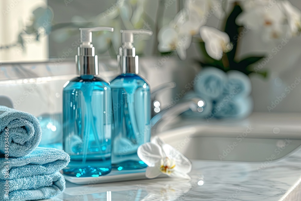 Poster Two blue bottles of shampoo and conditioner on a countertop in a bathroom. Generative AI
