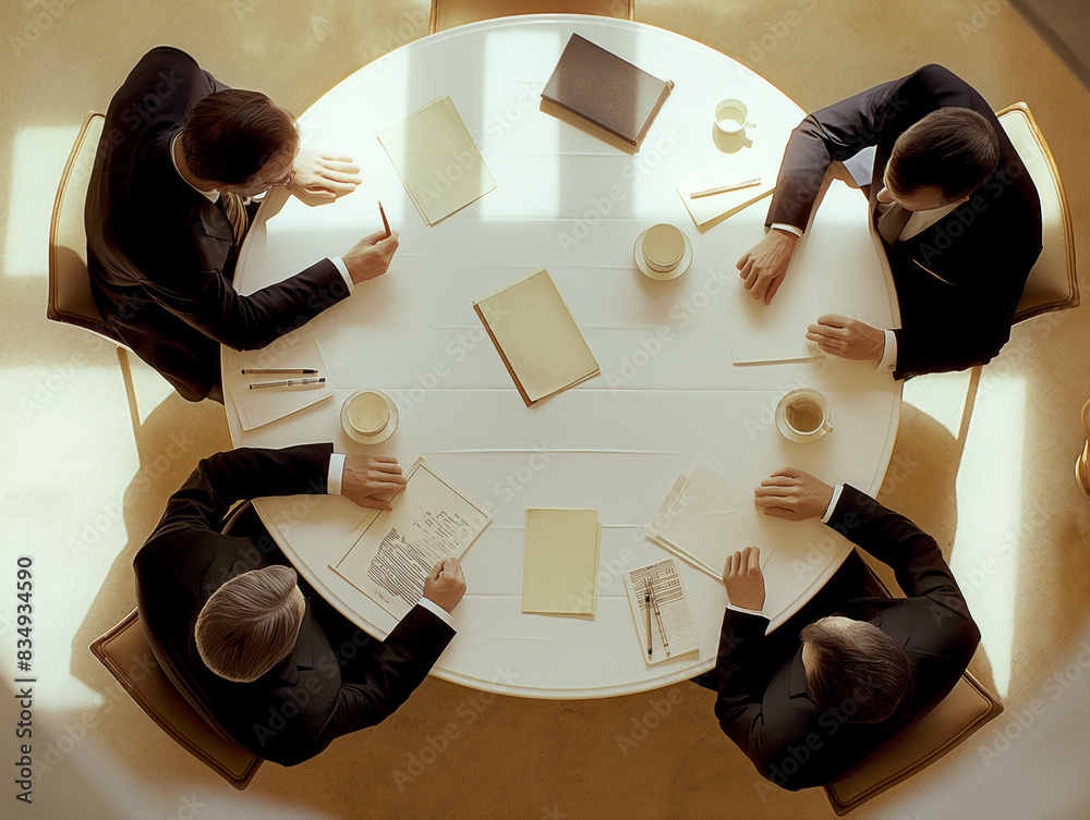 Poster top view of a professional meeting around a round table, warm tones, concept of teamwork. generative