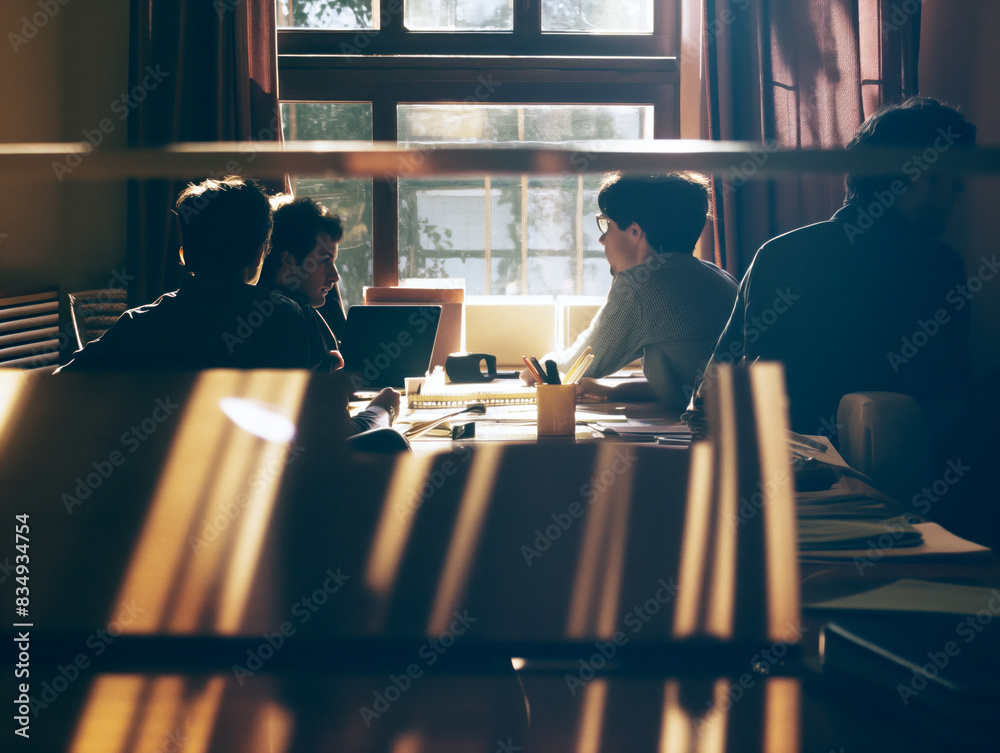 Poster people working in an office environment, backlit by a warm light, focus on teamwork and productivity