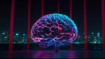 A glowing blue and purple brain against a dark background with a cityscape in the distance.