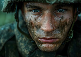 Portrait of a soldier with blue eyes and mud on his face