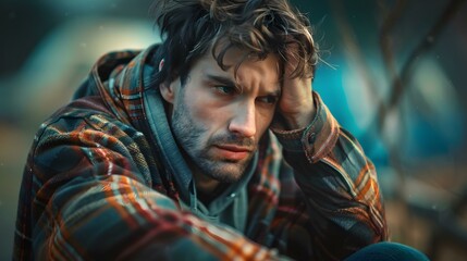 Fototapeta premium Portrait of a man with hand on head looking sad