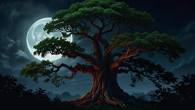 banyan tree and tree house under the full moon night sky. seamless looping 4k video