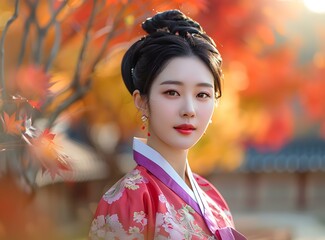 Fototapeta premium Portrait of a beautiful young woman in traditional Korean dress, or Hanbok
