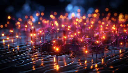Obraz premium A High-Resolution Abstract Background Featuring a Dense Network of Glowing Data Circuits and Neural Pathways in Neon Colors 