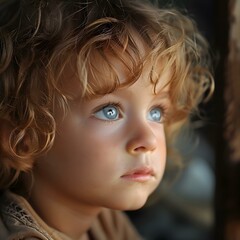 Naklejka premium Portrait of a young boy with curly blond hair and blue eyes