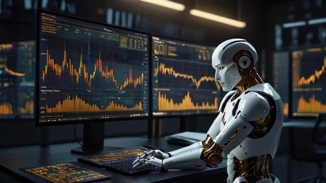 A robot is seated at a table with a computer monitor in front of it. The monitor displays stock market data.