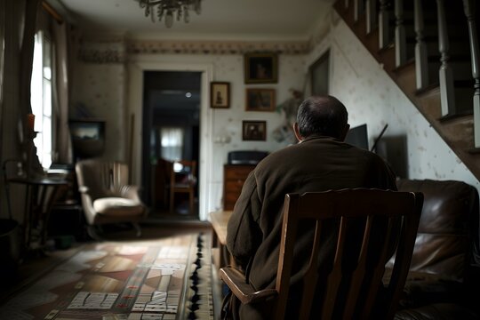 An old man sits in a chair in a dark living room