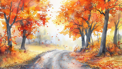 A painting of a road with trees in autumn