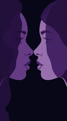 Female Face Silhouette of a double girl. Portraits of different women in profile. Violet colors