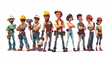 Obraz premium Group of professional craftsmen, carpenter, painter, man and woman, vector illustration, repairman