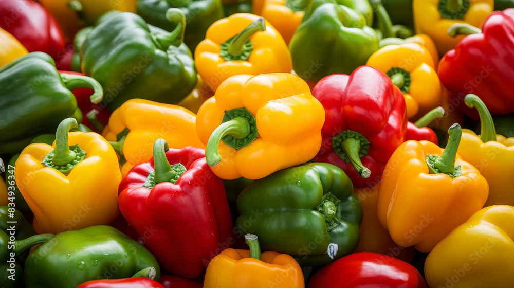 Wall mural Explore the vibrant and detailed textures of colorful bell peppers in a captivating closeup background. A crunchy and nutritious treat for all your senses