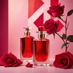 Glass bottles of red perfume on a pink and red background, with red flowers.
