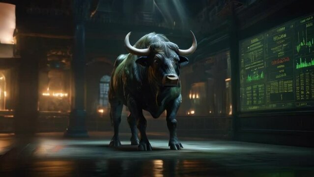 showcasing the intricate textures of the bull's coat and the flickering lights of the digital elements. The overall composition breathes life into the majestic beast, inviting viewers to admire its ma
